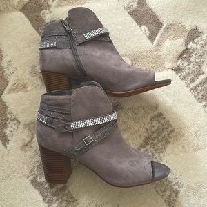 Grayish brown suede stacked booties.